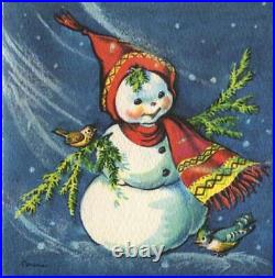 Vintage Christmas Snowman Girl Snow Storm Pine Tree Arms Wren Blue Jay Rare Card