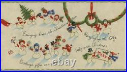 Vintage Christmas Snowman Snow Girl Family Holly Tree Wreath Card Greeting Card