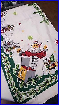 Vintage Christmas Tablecloth Mid Century Atomic Toys Santa Tree Elves Stars