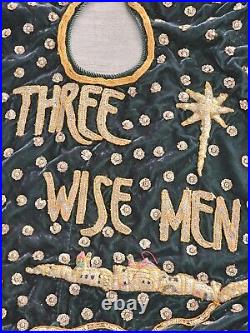 Vintage Christmas Three Wise Men Tree Skirt, Velvet Embroidered, Embelished