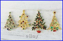 Vintage Christmas Tree Brooch Lot 8 Pc Rhinestone Enamel Retro Pin Xmas Holiday