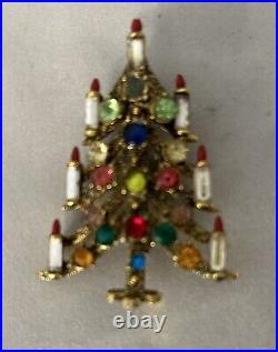 Vintage Christmas Tree Brooch Pin Jeanne Dangles Rhinestones Book Piece MCM Htf