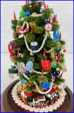 Vintage Christmas Tree Bumpy Chenille Glass Cloaked Dome 7.5 Heavily Decorated