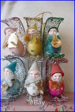 Vintage Christmas Tree Decorations RARE Boxed Set Six Festive Santa Elves 50's