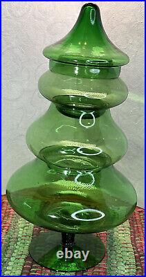 Vintage Christmas Tree Handblown Glass Candy Dish 3 Stackable &Lid Empoli MCM