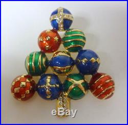 Vintage Christmas Tree Large Ornaments Rhinestone Enamel Gold Tone Pin Brooch