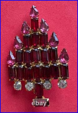 Vintage Christmas Tree Pin Brooch Art Deco Pink Rhinestone Candles Gold MCM Htf