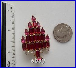Vintage Christmas Tree Pin Brooch Art Deco Pink Rhinestone Candles Gold MCM Htf