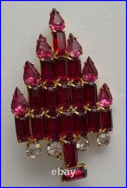 Vintage Christmas Tree Pin Brooch Art Deco Pink Rhinestone Candles Gold MCM Htf