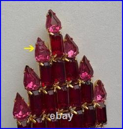 Vintage Christmas Tree Pin Brooch Art Deco Pink Rhinestone Candles Gold MCM Htf