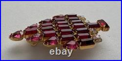 Vintage Christmas Tree Pin Brooch Art Deco Pink Rhinestone Candles Gold MCM Htf
