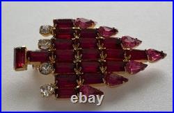 Vintage Christmas Tree Pin Brooch Art Deco Pink Rhinestone Candles Gold MCM Htf