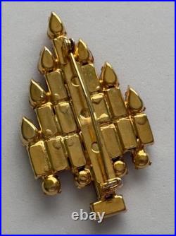 Vintage Christmas Tree Pin Brooch Art Deco Pink Rhinestone Candles Gold MCM Htf