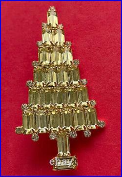 Vintage Christmas Tree Pin Brooch Attruia Yellow Skinny Rhinestones Signed Htf