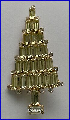 Vintage Christmas Tree Pin Brooch Attruia Yellow Skinny Rhinestones Signed Htf