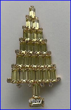 Vintage Christmas Tree Pin Brooch Attruia Yellow Skinny Rhinestones Signed Htf