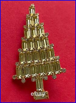 Vintage Christmas Tree Pin Brooch Attruia Yellow Skinny Rhinestones Signed Htf