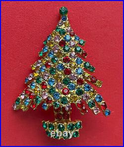 Vintage Christmas Tree Pin Brooch Kramer Rhinestones MCM Signed Book Piece Htf