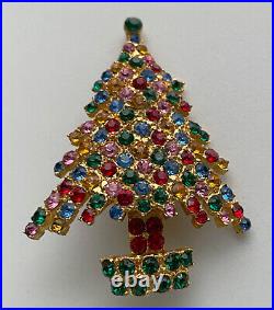 Vintage Christmas Tree Pin Brooch Kramer Rhinestones MCM Signed Book Piece Htf