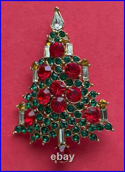Vintage Christmas Tree Pin Brooch Lisner Red Rhinestones Candles Book Piece MCM
