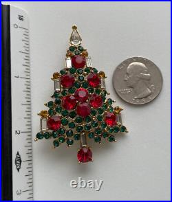 Vintage Christmas Tree Pin Brooch Lisner Red Rhinestones Candles Book Piece MCM
