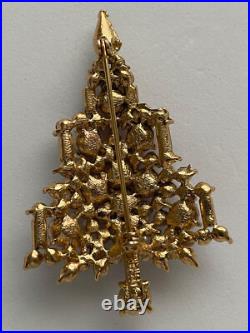 Vintage Christmas Tree Pin Brooch Lisner Red Rhinestones Candles Book Piece MCM