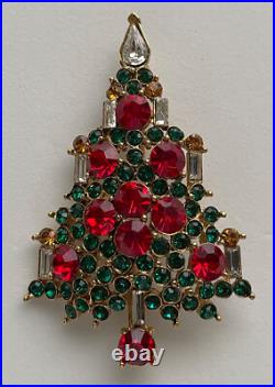 Vintage Christmas Tree Pin Brooch Lisner Red Rhinestones Candles Book Piece MCM