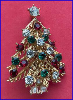 Vintage Christmas Tree Pin Brooch Lisner Rhinestones Pearl Signed Book Piece MCM