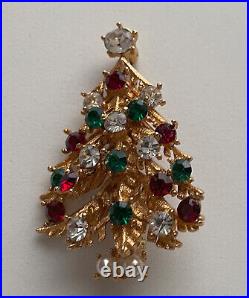 Vintage Christmas Tree Pin Brooch Lisner Rhinestones Pearl Signed Book Piece MCM