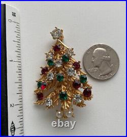 Vintage Christmas Tree Pin Brooch Lisner Rhinestones Pearl Signed Book Piece MCM