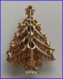 Vintage Christmas Tree Pin Brooch Lisner Rhinestones Pearl Signed Book Piece MCM