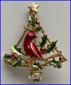 Vintage Christmas Tree Pin Brooch Red Bird Cardinal Holly Gold Enamel MCM Rare