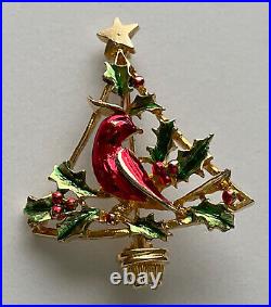 Vintage Christmas Tree Pin Brooch Red Bird Cardinal Holly Gold Enamel MCM Rare