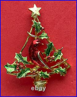 Vintage Christmas Tree Pin Brooch Red Bird Cardinal Holly Gold Enamel MCM Rare