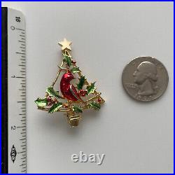 Vintage Christmas Tree Pin Brooch Red Bird Cardinal Holly Gold Enamel MCM Rare