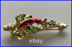 Vintage Christmas Tree Pin Brooch Red Bird Cardinal Holly Gold Enamel MCM Rare