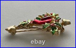 Vintage Christmas Tree Pin Brooch Red Bird Cardinal Holly Gold Enamel MCM Rare