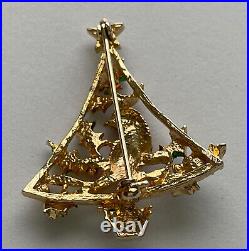 Vintage Christmas Tree Pin Brooch Red Bird Cardinal Holly Gold Enamel MCM Rare