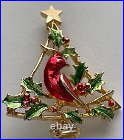 Vintage Christmas Tree Pin Brooch Red Bird Cardinal Holly Gold Enamel MCM Rare