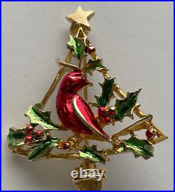 Vintage Christmas Tree Pin Brooch Red Bird Cardinal Holly Gold Enamel MCM Rare