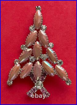 Vintage Christmas Tree Pin Brooch Ron Pink Satin Navette Rhinestones Htf Artisan