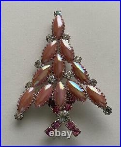 Vintage Christmas Tree Pin Brooch Ron Pink Satin Navette Rhinestones Htf Artisan