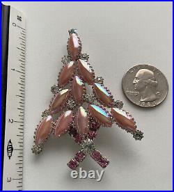 Vintage Christmas Tree Pin Brooch Ron Pink Satin Navette Rhinestones Htf Artisan