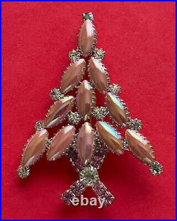 Vintage Christmas Tree Pin Brooch Ron Pink Satin Navette Rhinestones Htf Artisan