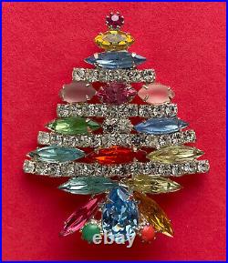 Vintage Christmas Tree Pin Brooch Siluane Rhinestones Signed MID Century Modern