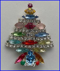 Vintage Christmas Tree Pin Brooch Siluane Rhinestones Signed MID Century Modern