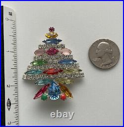 Vintage Christmas Tree Pin Brooch Siluane Rhinestones Signed MID Century Modern