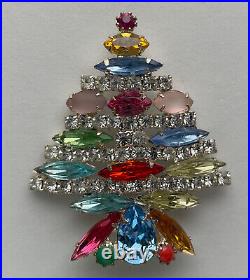 Vintage Christmas Tree Pin Brooch Siluane Rhinestones Signed MID Century Modern