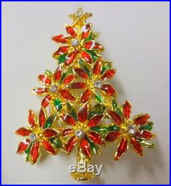 Vintage Christmas Tree Poinsettia Color Enamel Clear Rhinestone Pin Brooch Rare