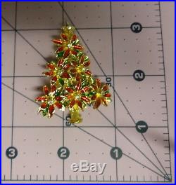 Vintage Christmas Tree Poinsettia Color Enamel Clear Rhinestone Pin Brooch Rare